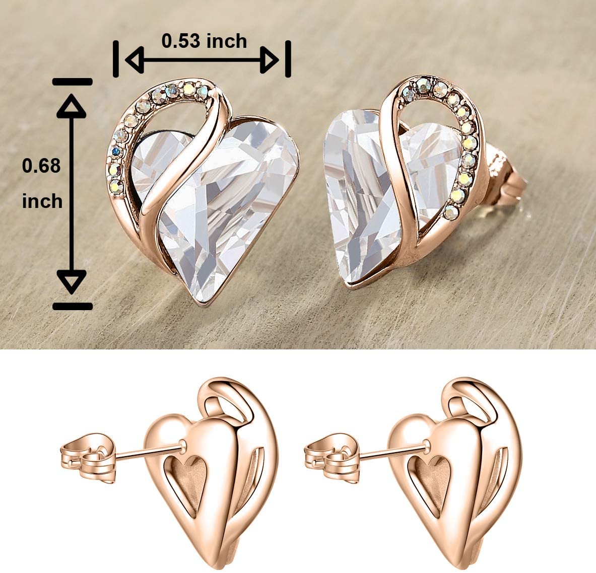 Leafael 18K Rose Gold Plated Love Heart Stud Earrings with Healing Stone Crystal Jewelry Gifts for Women
