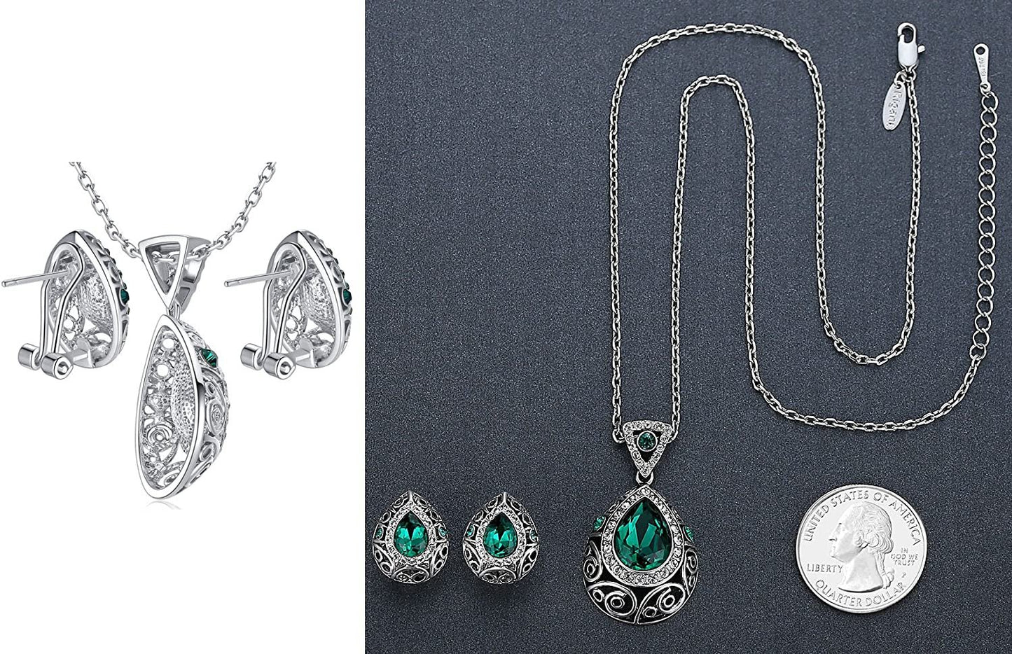 Leafael [Presented by Miss New York] Teardrop Filigree Vintage Style Jewelry Set Earrings Pendant Necklace Made with Premium Crystals, Silver-Tone, 18" + 2", Nickel/Lead Box