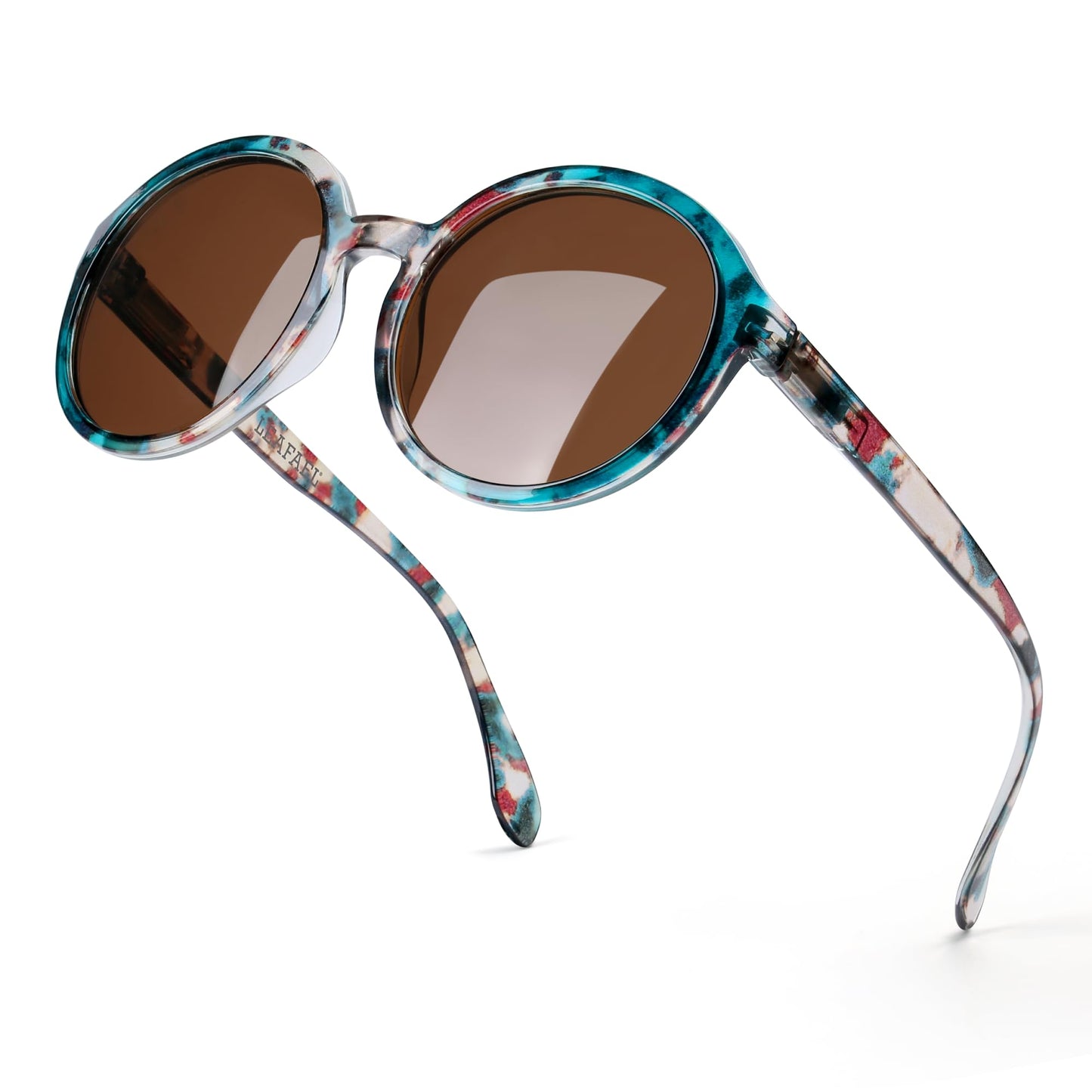 Polarized Round Sunglasses for Women – Multicolor Floral Marble Teal Frame, UV400 Protection, Retro Vintage Designer Style