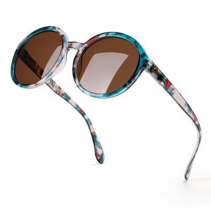 Polarized Round Sunglasses for Women – Multicolor Floral Marble Teal Frame, UV400 Protection, Retro Vintage Designer Style