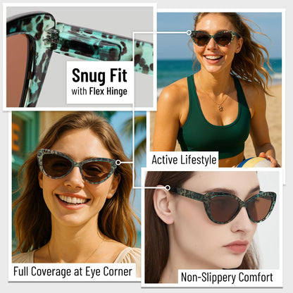 Polarized Cat Eye Sunglasses for Women – Oversized Green Cheetah Leopard Print Frame, Vintage Retro Big UV400 Shades