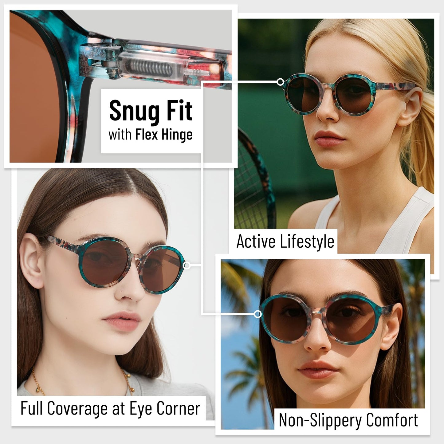 Polarized Round Sunglasses for Women – Multicolor Floral Marble Teal Frame, UV400 Protection, Retro Vintage Designer Style