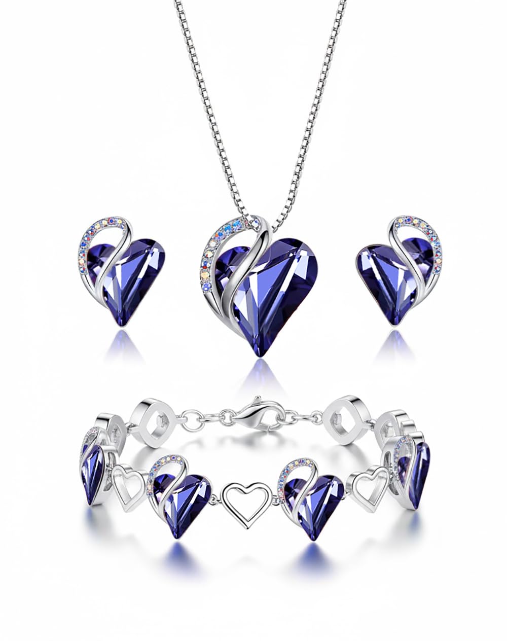 Leafael Necklace Gift Set for Women, Infinity Love Birthstone Heart Pendant with Matching Earrings and Bracelet, for Mom and Wife, Silver Plated