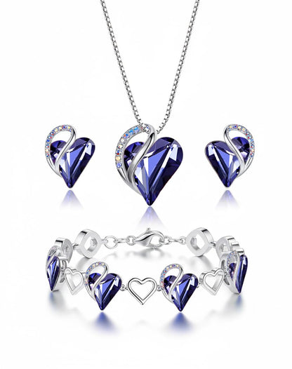 Leafael Necklace Gift Set for Women, Infinity Love Birthstone Heart Pendant with Matching Earrings and Bracelet, for Mom and Wife, Silver Plated