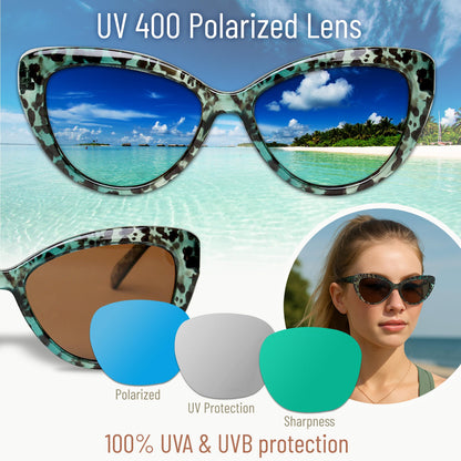 Polarized Cat Eye Sunglasses for Women – Oversized Green Cheetah Leopard Print Frame, Vintage Retro Big UV400 Shades