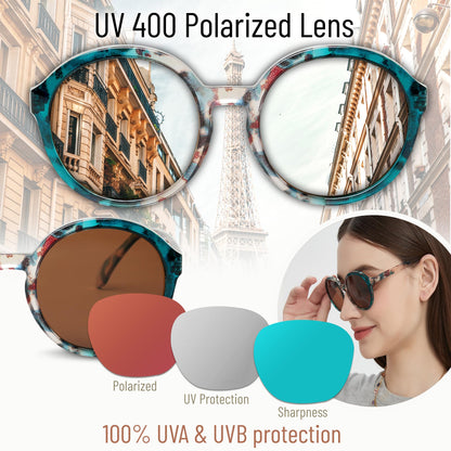 Polarized Round Sunglasses for Women – Multicolor Floral Marble Teal Frame, UV400 Protection, Retro Vintage Designer Style