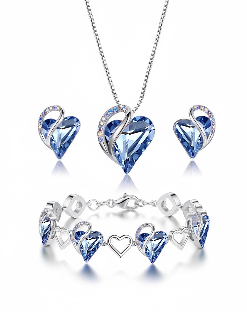 Leafael Necklace Gift Set for Women, Infinity Love Birthstone Heart Pendant with Matching Earrings and Bracelet, for Mom and Wife, Silver Plated