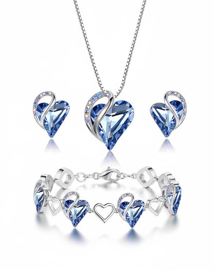 Leafael Necklace Gift Set for Women, Infinity Love Birthstone Heart Pendant with Matching Earrings and Bracelet, for Mom and Wife, Silver Plated