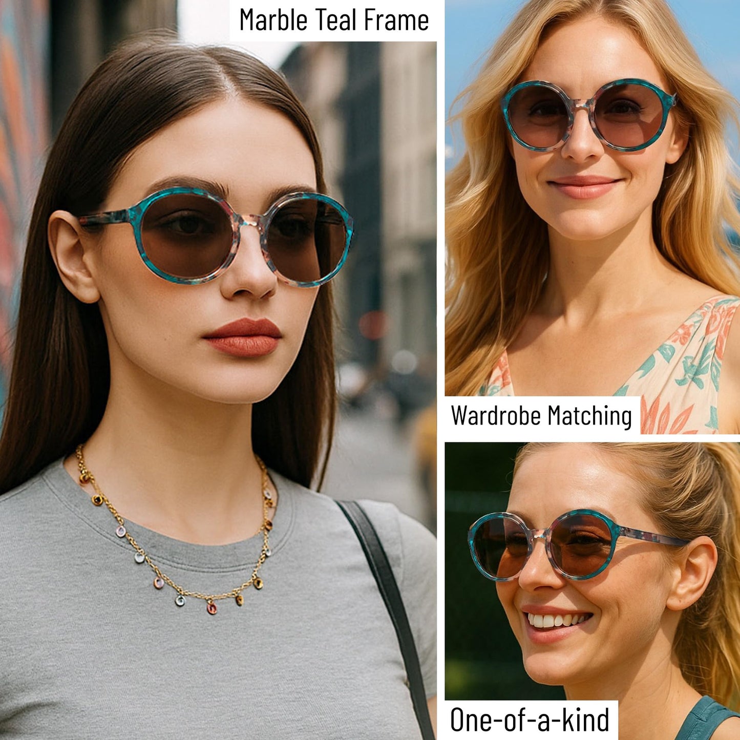 Polarized Round Sunglasses for Women – Multicolor Floral Marble Teal Frame, UV400 Protection, Retro Vintage Designer Style