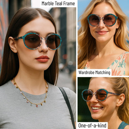 Polarized Round Sunglasses for Women – Multicolor Floral Marble Teal Frame, UV400 Protection, Retro Vintage Designer Style