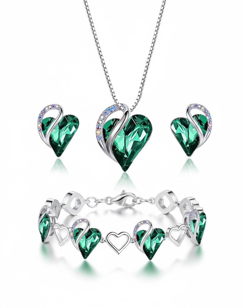 Leafael Necklace Gift Set for Women, Infinity Love Birthstone Heart Pendant with Matching Earrings and Bracelet, for Mom and Wife, Silver Plated