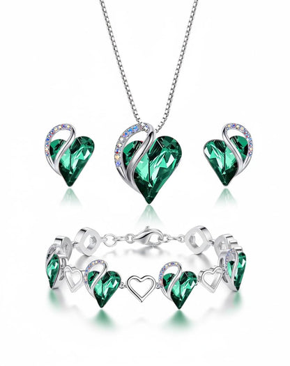Leafael Necklace Gift Set for Women, Infinity Love Birthstone Heart Pendant with Matching Earrings and Bracelet, for Mom and Wife, Silver Plated