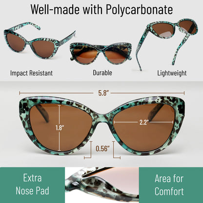 Polarized Cat Eye Sunglasses for Women – Oversized Green Cheetah Leopard Print Frame, Vintage Retro Big UV400 Shades