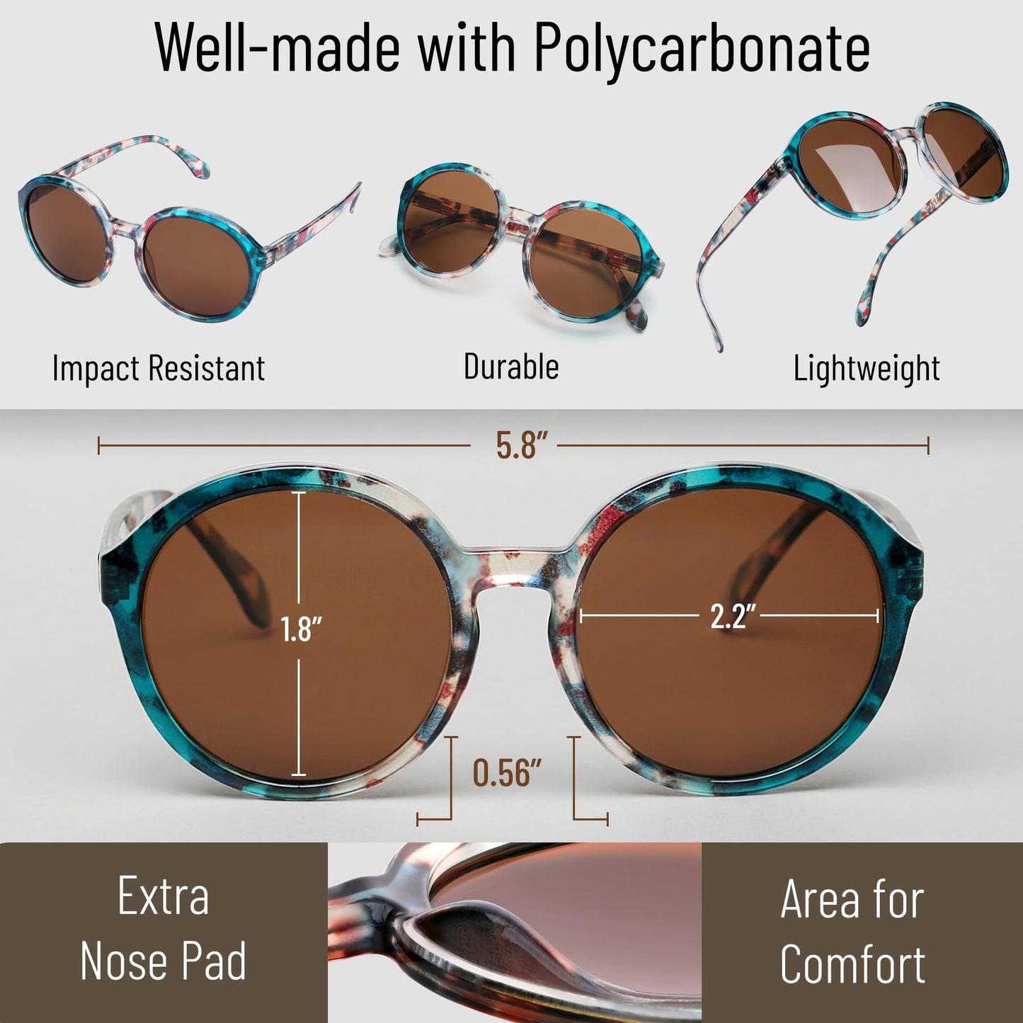 Polarized Round Sunglasses for Women – Multicolor Floral Marble Teal Frame, UV400 Protection, Retro Vintage Designer Style