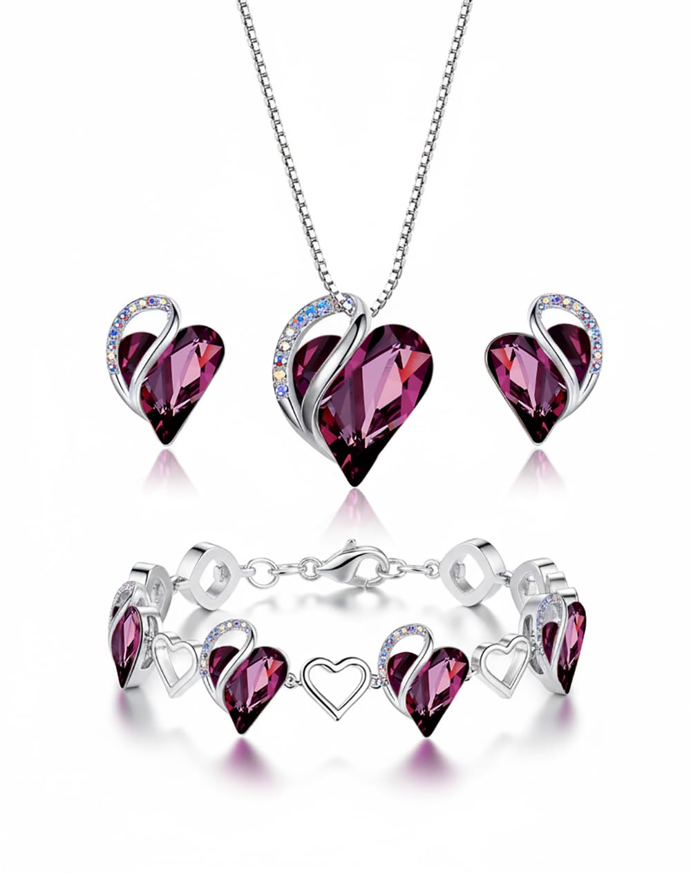 Leafael Necklace Gift Set for Women, Infinity Love Birthstone Heart Pendant with Matching Earrings and Bracelet, for Mom and Wife, Silver Plated