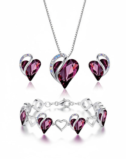 Leafael Necklace Gift Set for Women, Infinity Love Birthstone Heart Pendant with Matching Earrings and Bracelet, for Mom and Wife, Silver Plated