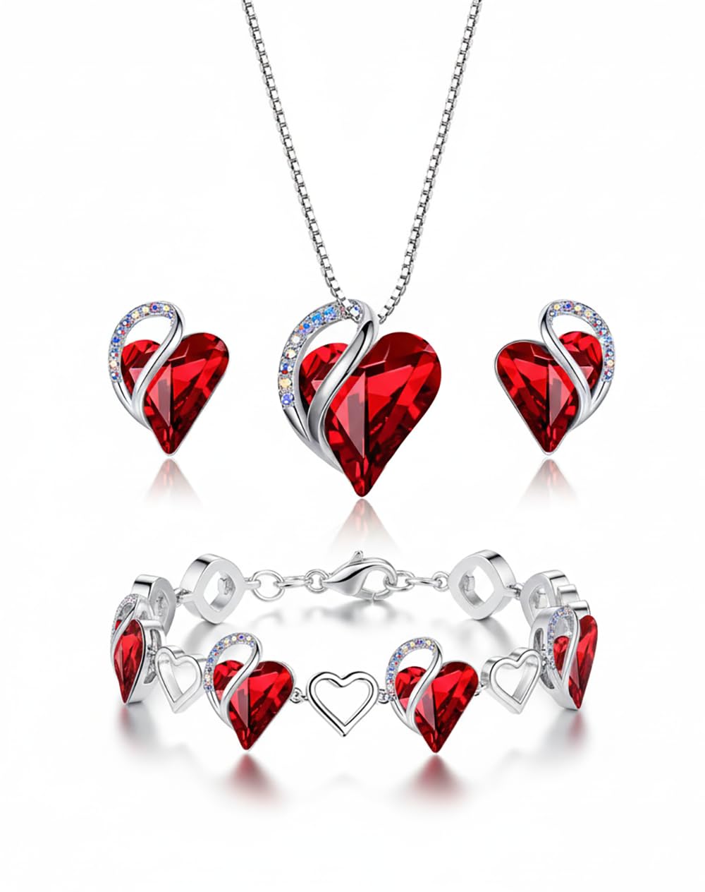 Leafael Necklace Gift Set for Women, Infinity Love Birthstone Heart Pendant with Matching Earrings and Bracelet, for Mom and Wife, Silver Plated