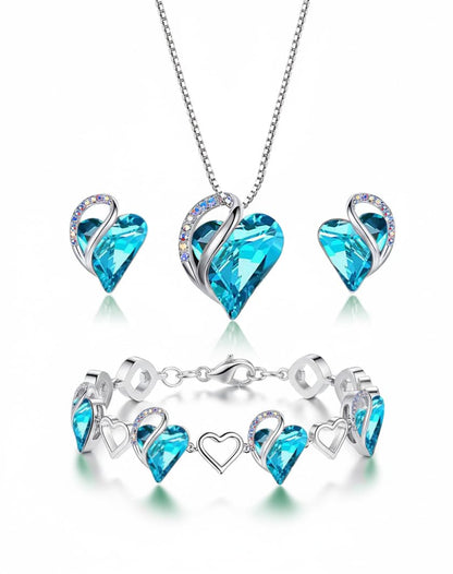Leafael Necklace Gift Set for Women, Infinity Love Birthstone Heart Pendant with Matching Earrings and Bracelet, for Mom and Wife, Silver Plated