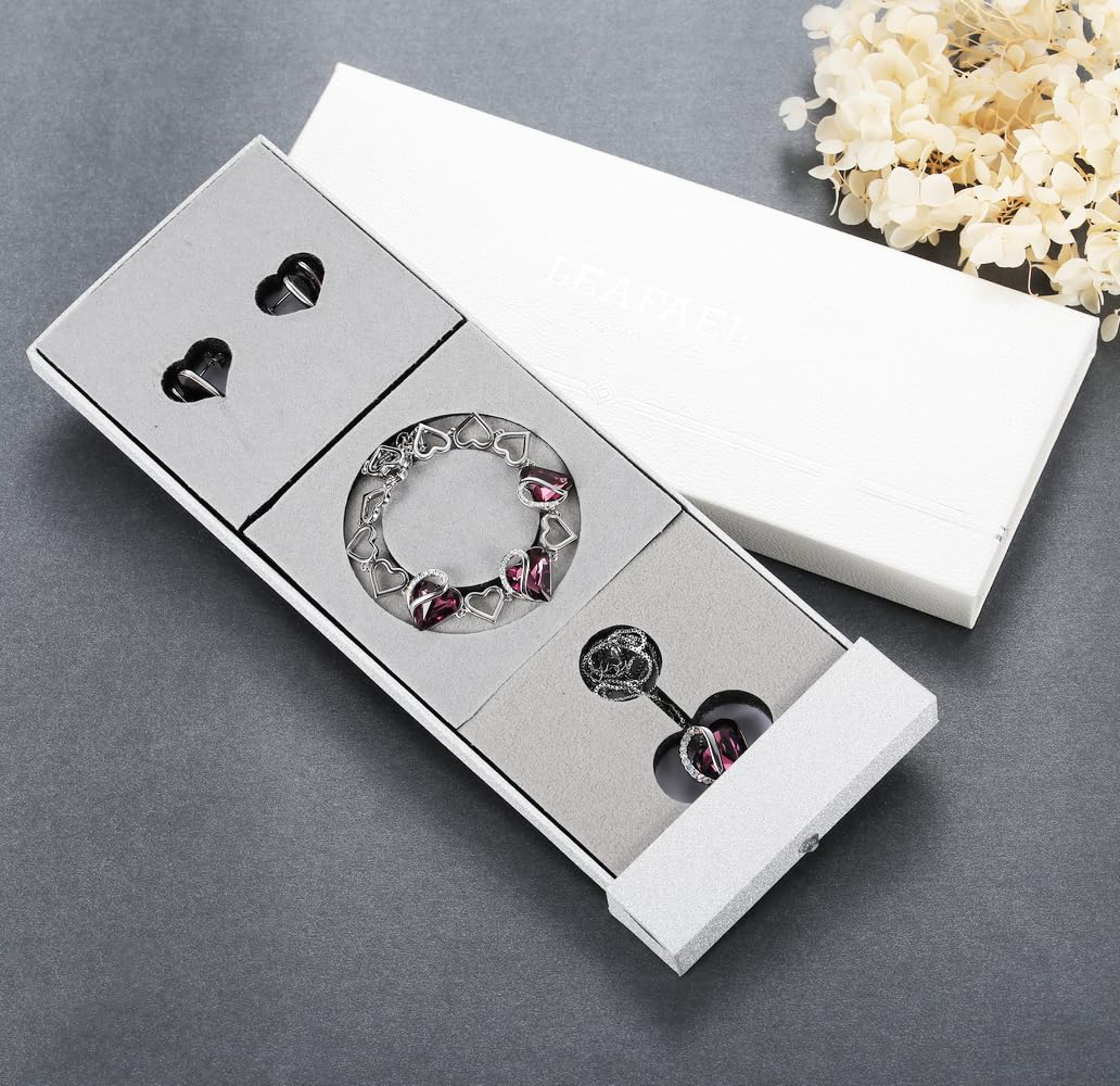 Leafael Necklace Gift Set for Women, Infinity Love Birthstone Heart Pendant with Matching Earrings and Bracelet, for Mom and Wife, Silver Plated