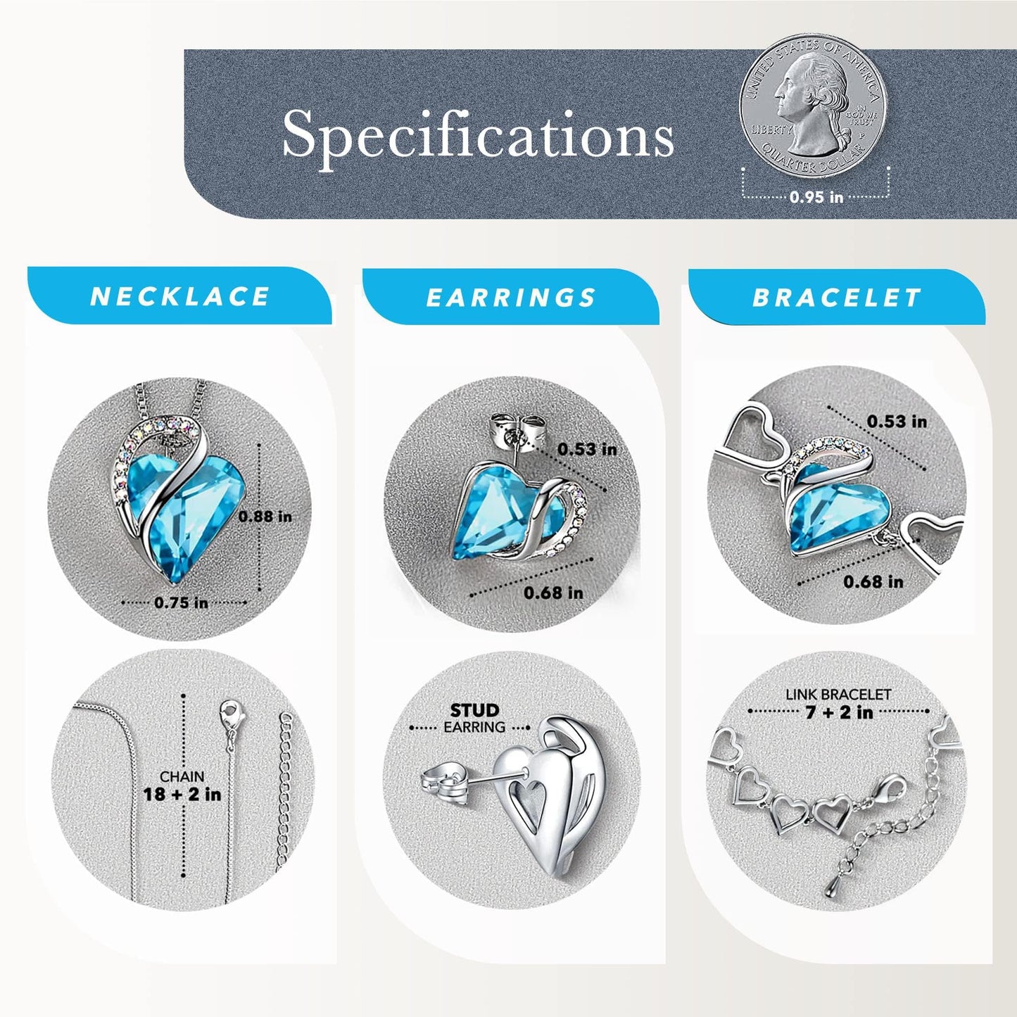 Leafael Necklace Gift Set for Women, Infinity Love Birthstone Heart Pendant with Matching Earrings and Bracelet, for Mom and Wife, Silver Plated
