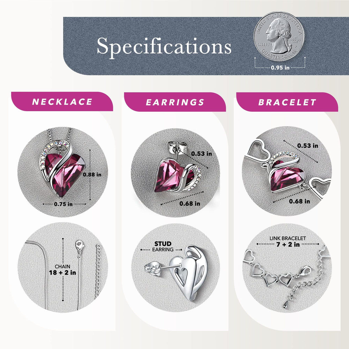 Leafael Necklace Gift Set for Women, Infinity Love Birthstone Heart Pendant with Matching Earrings and Bracelet, for Mom and Wife, Silver Plated