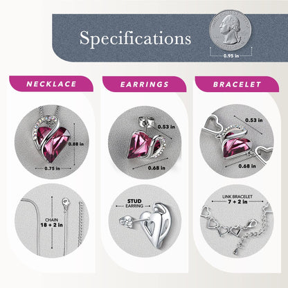 Leafael Necklace Gift Set for Women, Infinity Love Birthstone Heart Pendant with Matching Earrings and Bracelet, for Mom and Wife, Silver Plated