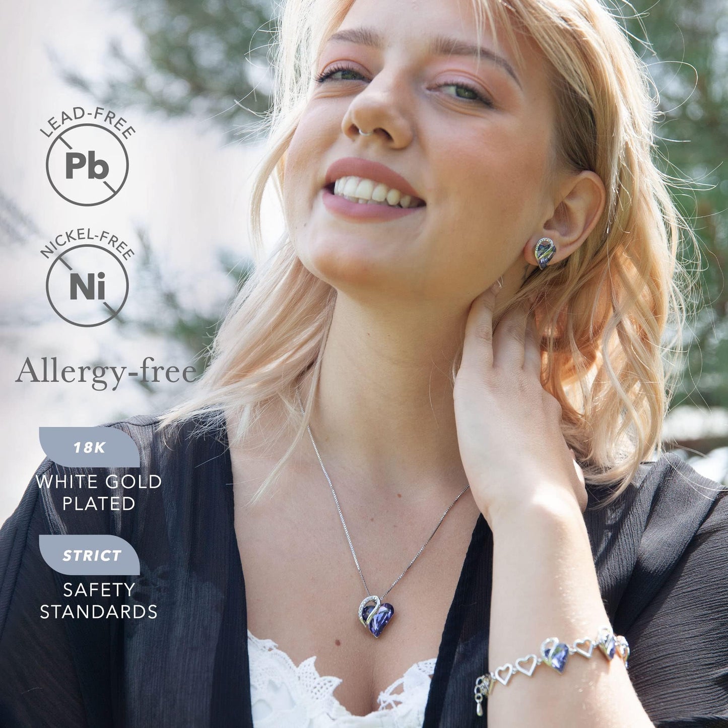 Leafael Necklace Gift Set for Women, Infinity Love Birthstone Heart Pendant with Matching Earrings and Bracelet, for Mom and Wife, Silver Plated