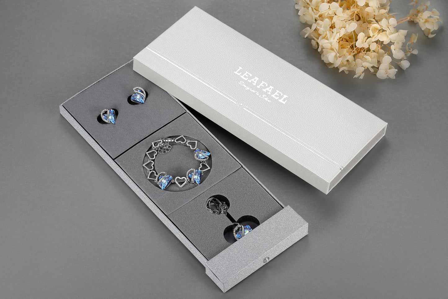 Leafael Necklace Gift Set for Women, Infinity Love Birthstone Heart Pendant with Matching Earrings and Bracelet, for Mom and Wife, Silver Plated
