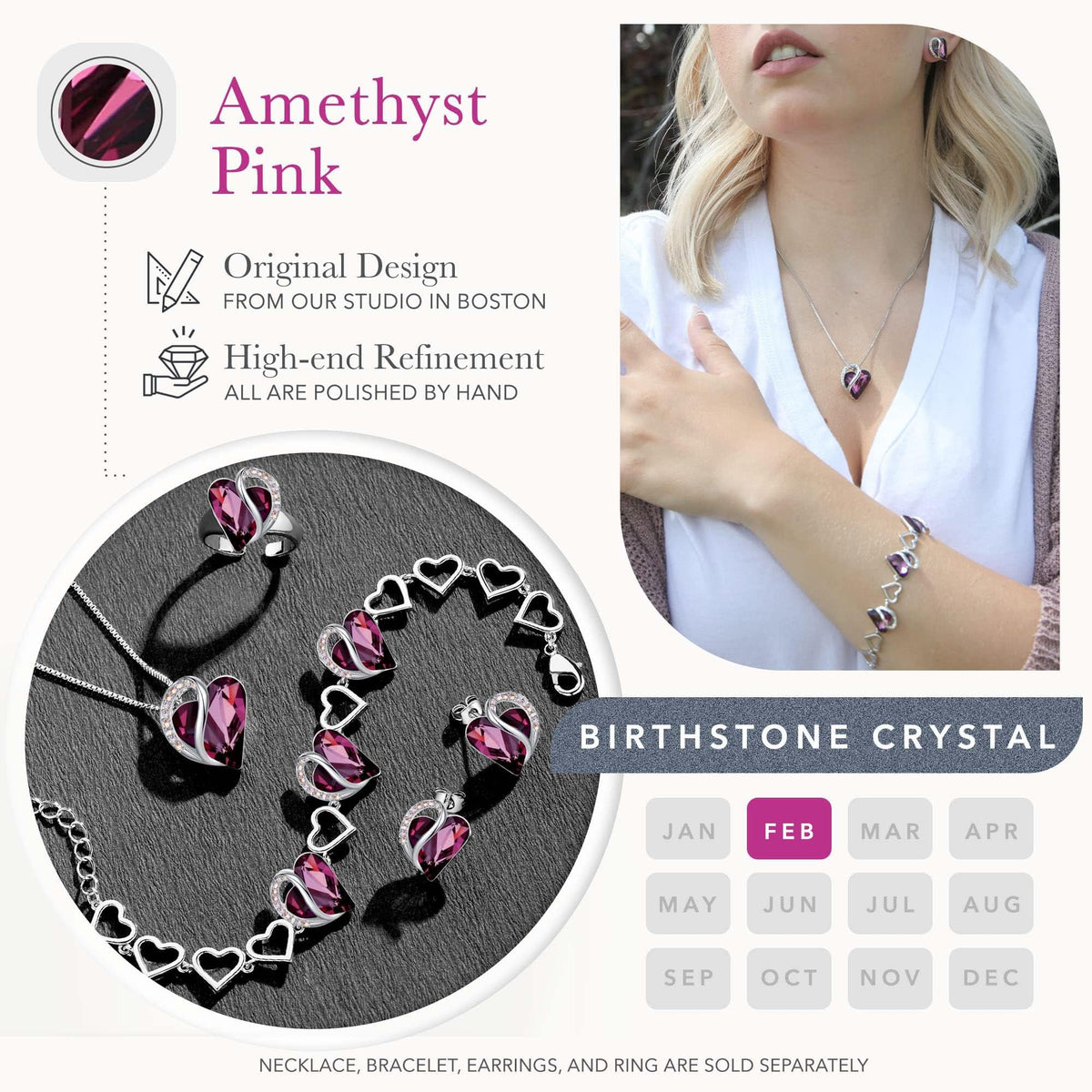 Leafael Necklace Gift Set for Women, Infinity Love Birthstone Heart Pendant with Matching Earrings and Bracelet, for Mom and Wife, Silver Plated