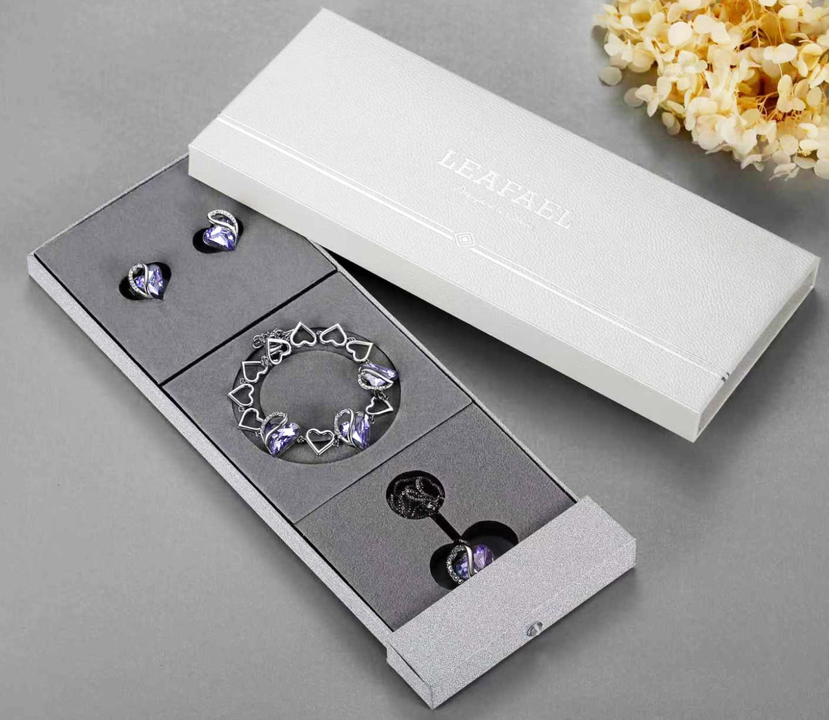 Leafael Necklace Gift Set for Women, Infinity Love Birthstone Heart Pendant with Matching Earrings and Bracelet, for Mom and Wife, Silver Plated