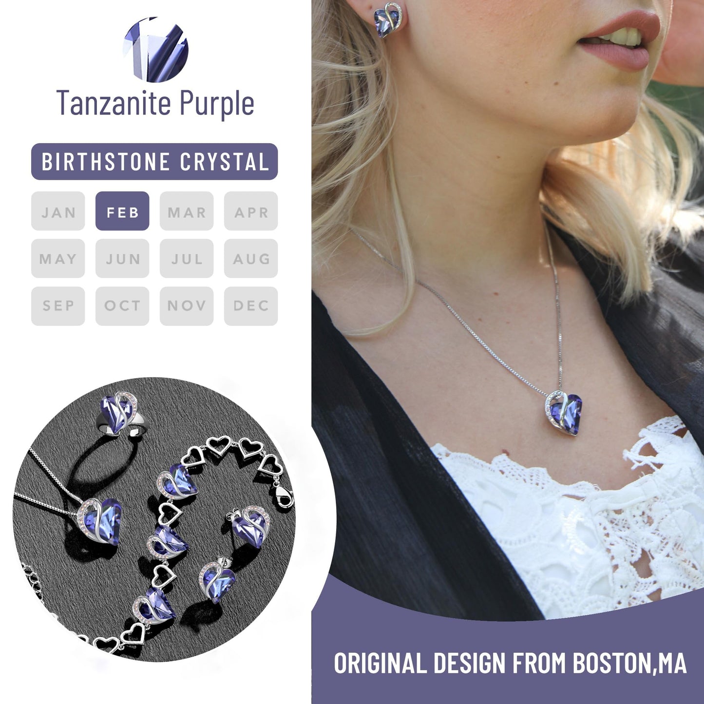 Leafael Necklace Gift Set for Women, Infinity Love Birthstone Heart Pendant with Matching Earrings and Bracelet, for Mom and Wife, Silver Plated