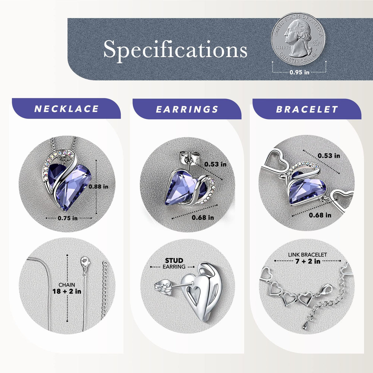 Leafael Necklace Gift Set for Women, Infinity Love Birthstone Heart Pendant with Matching Earrings and Bracelet, for Mom and Wife, Silver Plated