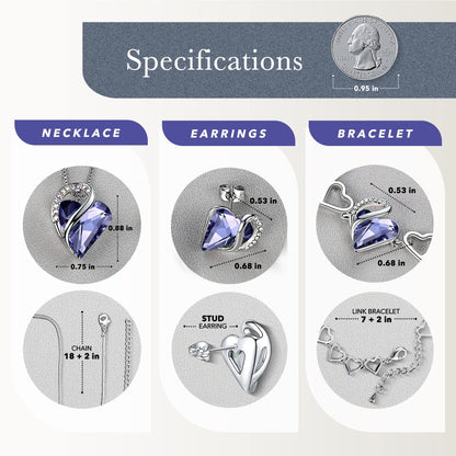 Leafael Necklace Gift Set for Women, Infinity Love Birthstone Heart Pendant with Matching Earrings and Bracelet, for Mom and Wife, Silver Plated
