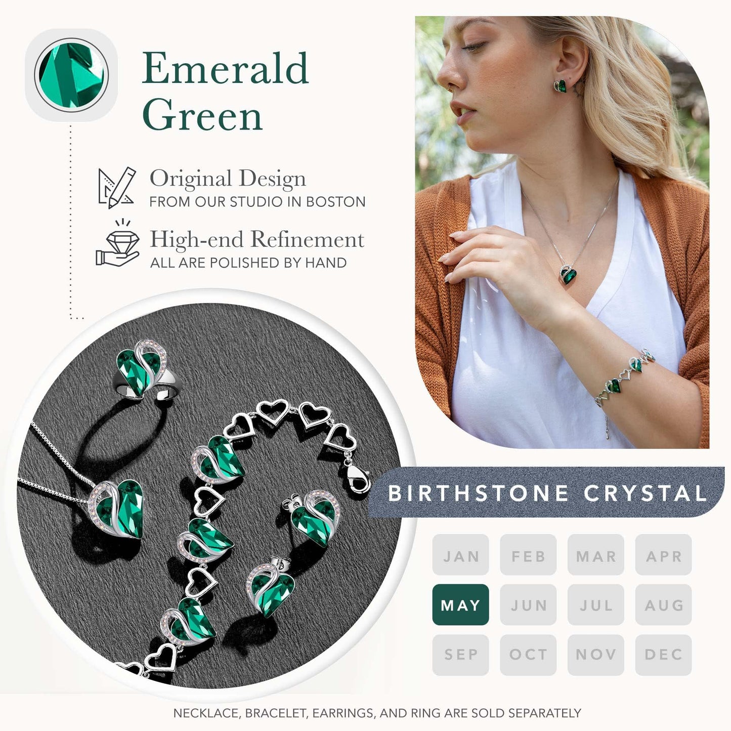 Leafael Necklace Gift Set for Women, Infinity Love Birthstone Heart Pendant with Matching Earrings and Bracelet, for Mom and Wife, Silver Plated