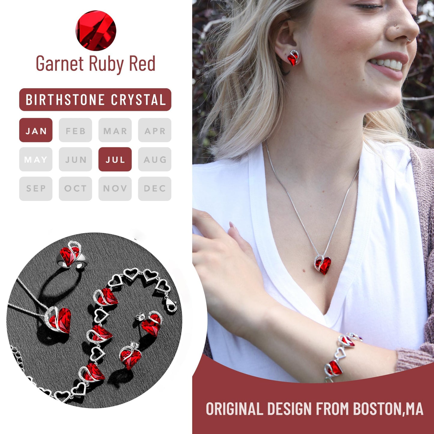 Leafael Necklace Gift Set for Women, Infinity Love Birthstone Heart Pendant with Matching Earrings and Bracelet, for Mom and Wife, Silver Plated