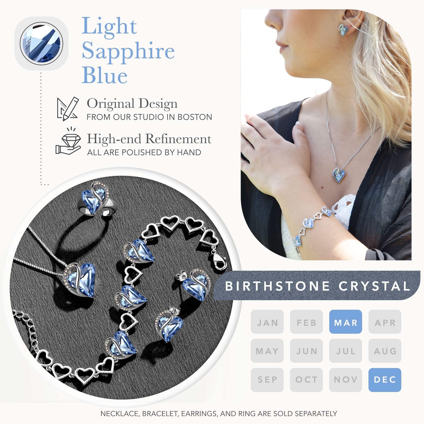 Leafael Necklace Gift Set for Women, Infinity Love Birthstone Heart Pendant with Matching Earrings and Bracelet, for Mom and Wife, Silver Plated