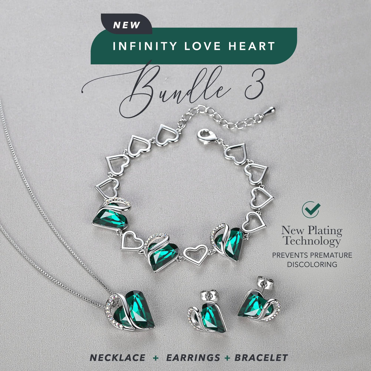 Leafael Necklace Gift Set for Women, Infinity Love Birthstone Heart Pendant with Matching Earrings and Bracelet, for Mom and Wife, Silver Plated