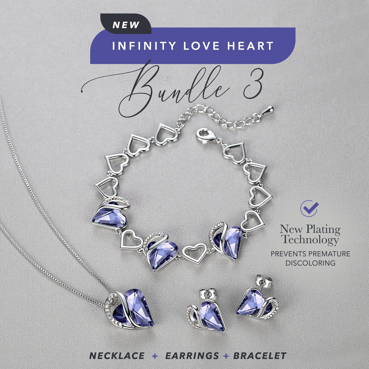 Leafael Necklace Gift Set for Women, Infinity Love Birthstone Heart Pendant with Matching Earrings and Bracelet, for Mom and Wife, Silver Plated