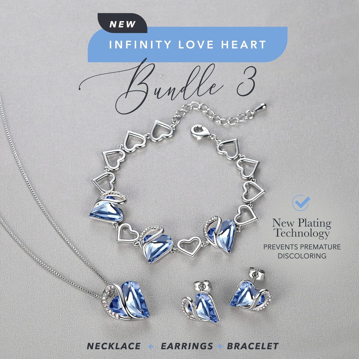 Leafael Necklace Gift Set for Women, Infinity Love Birthstone Heart Pendant with Matching Earrings and Bracelet, for Mom and Wife, Silver Plated