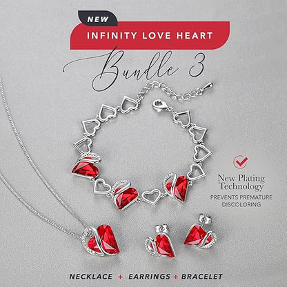 Leafael Necklace Gift Set for Women, Infinity Love Birthstone Heart Pendant with Matching Earrings and Bracelet, for Mom and Wife, Silver Plated