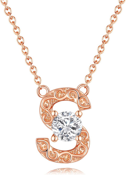 Leafael Initial Letter Necklaces for Women – Personalized 18K Rose Gold Plated Pendant Jewelry with Sterling Silver Chain, Monogram Gift A-Z, 16"+2" Choker