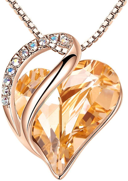 Leafael 18K Rose Gold Plated Love Heart Pendant Necklace with Healing Stone Crystal Jewelry Gifts for Women, 18"+2"