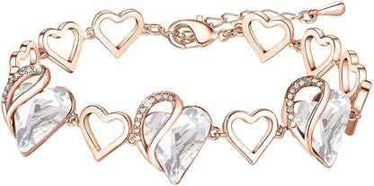 Leafael 18K Rose Gold Plated Love Heart Link Bracelet with Healing Stone Crystal Jewelry Gifts for Women, 7" Chain + 2" Extender