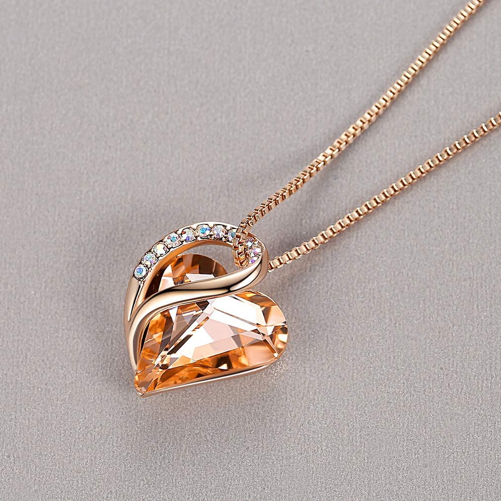 Leafael 18K Rose Gold Plated Love Heart Pendant Necklace with Healing Stone Crystal Jewelry Gifts for Women, 18"+2"