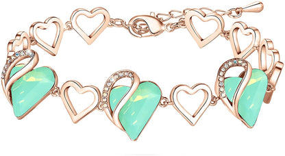 Leafael 18K Rose Gold Plated Love Heart Link Bracelet with Healing Stone Crystal Jewelry Gifts for Women, 7" Chain + 2" Extender