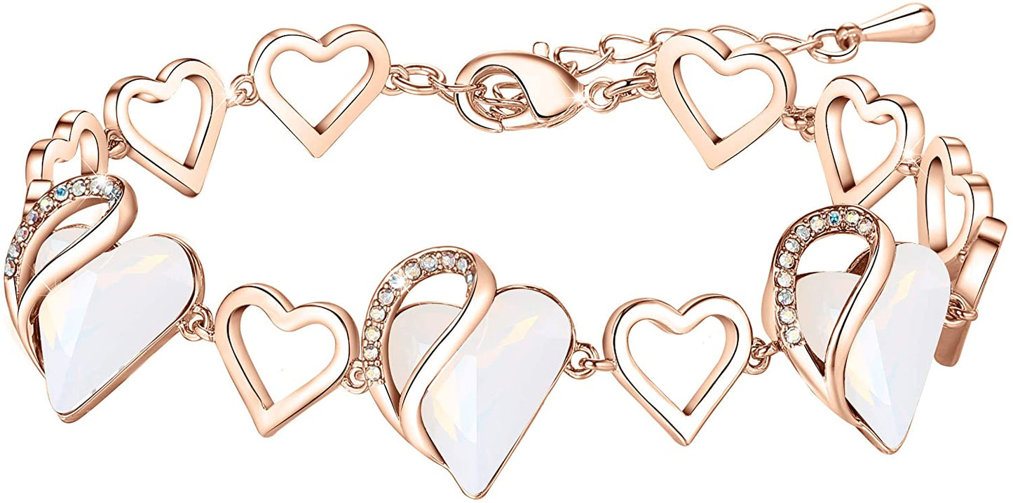 Leafael 18K Rose Gold Plated Love Heart Link Bracelet with Healing Stone Crystal Jewelry Gifts for Women, 7" Chain + 2" Extender