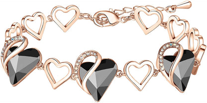 Leafael 18K Rose Gold Plated Love Heart Link Bracelet with Healing Stone Crystal Jewelry Gifts for Women, 7" Chain + 2" Extender