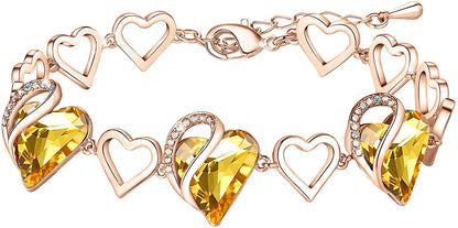 Leafael 18K Rose Gold Plated Love Heart Link Bracelet with Healing Stone Crystal Jewelry Gifts for Women, 7" Chain + 2" Extender