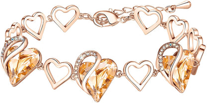 Leafael 18K Rose Gold Plated Love Heart Link Bracelet with Healing Stone Crystal Jewelry Gifts for Women, 7" Chain + 2" Extender