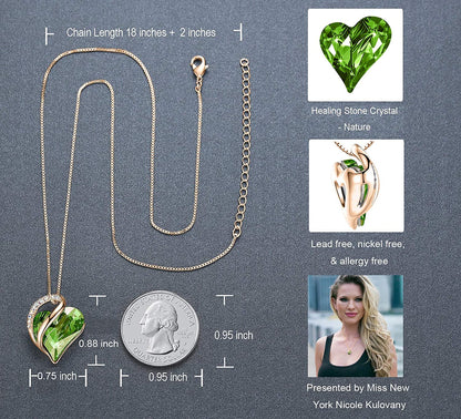 Leafael 18K Rose Gold Plated Love Heart Pendant Necklace with Healing Stone Crystal Jewelry Gifts for Women, 18"+2"